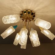 plafonnier lampe vintage, annees 50, verre laiton, bleu beige or