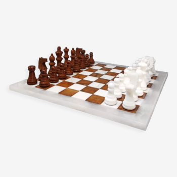 1970s Brown and White Chess Set in Volterra Alabaster Handmade Made in Italy