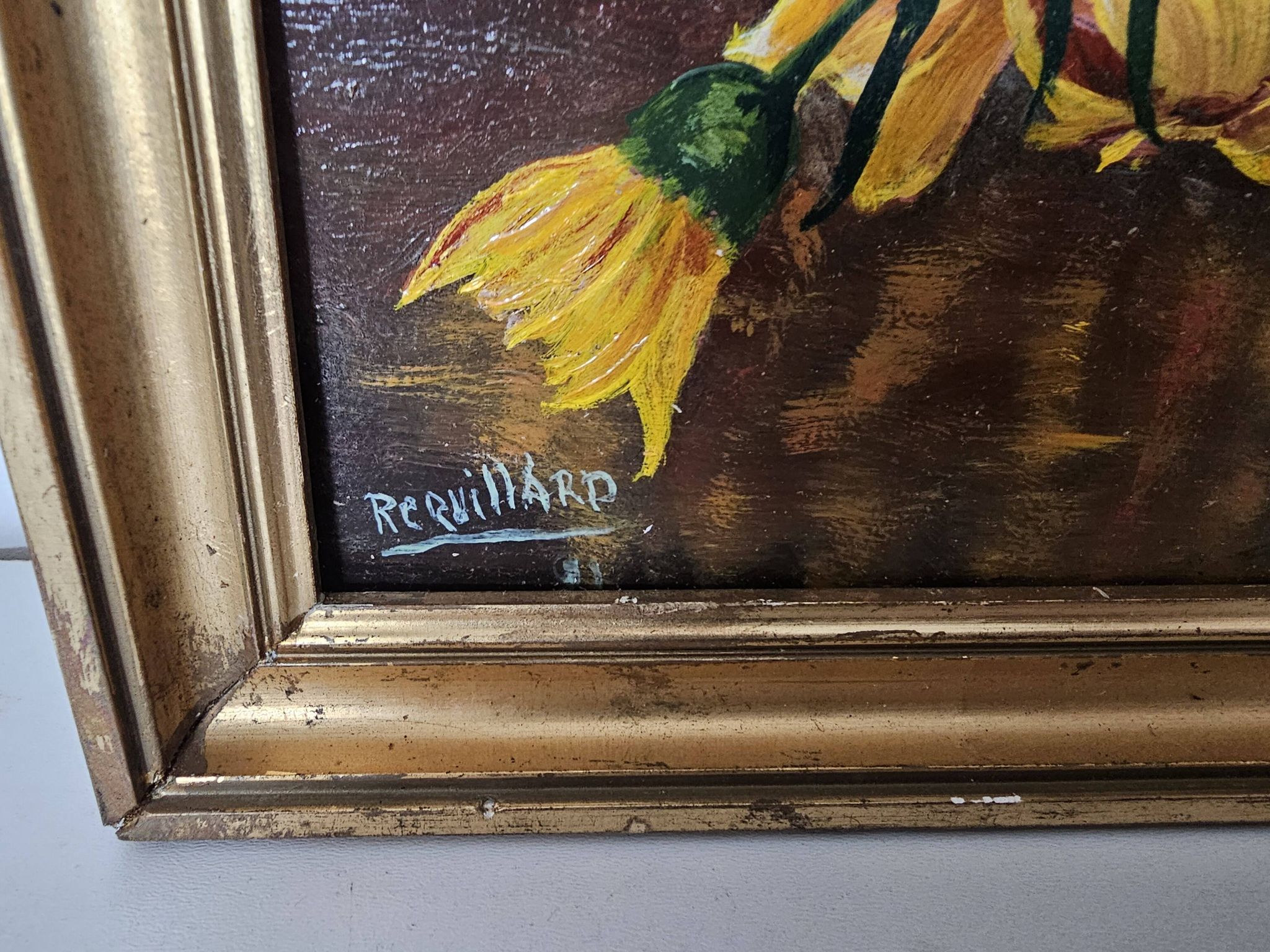 Oil painting on Isorel - Bouquet of yellow flowers Signed Rervillard