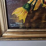 Oil painting on Isorel - Bouquet of yellow flowers Signed Rervillard