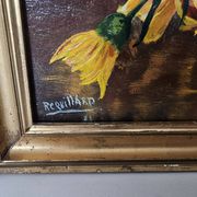 Oil painting on Isorel - Bouquet of yellow flowers Signed Rervillard