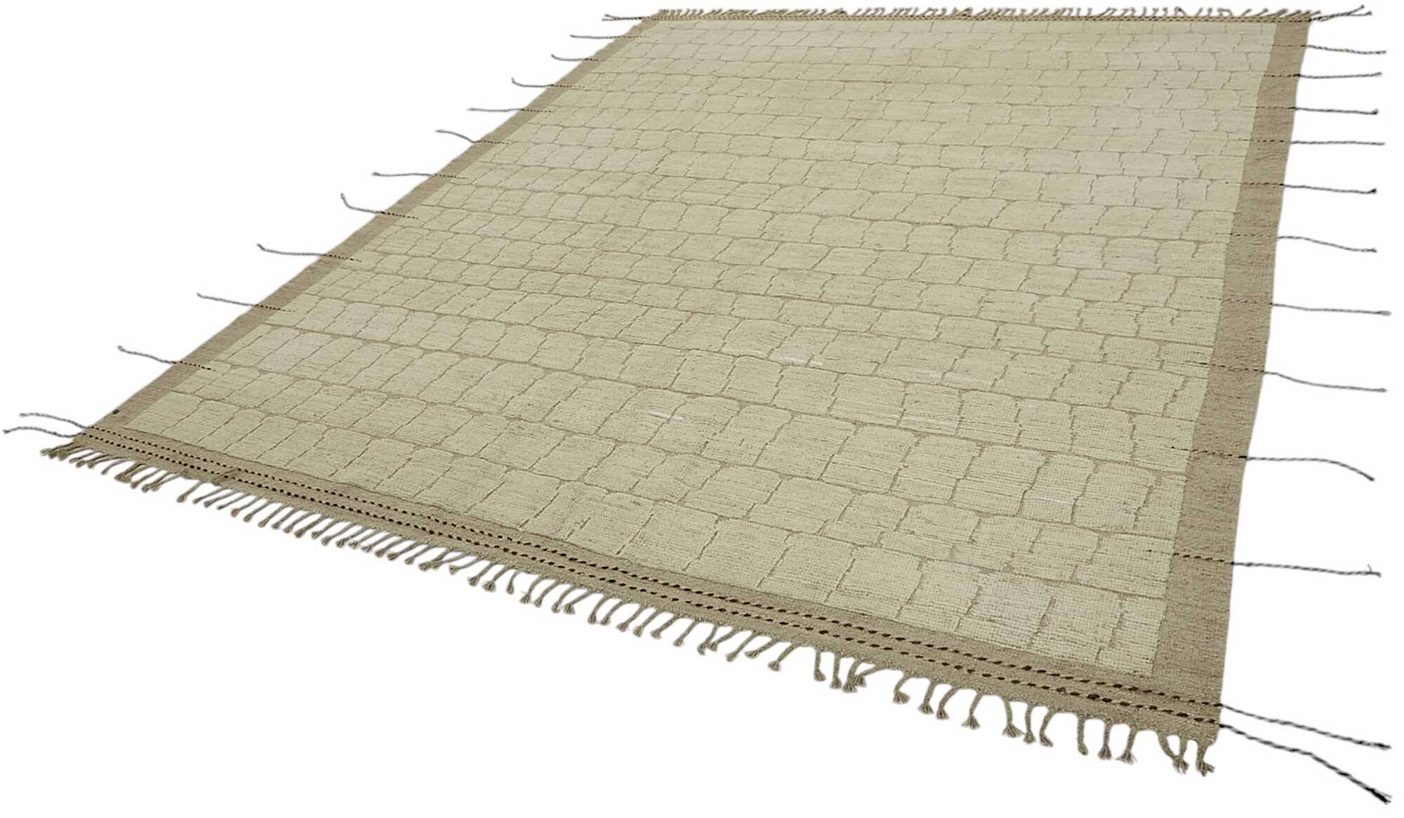 Tapis tribal tissé à la main, pièce unique, 249 cm x 312 cm, en laine beige.