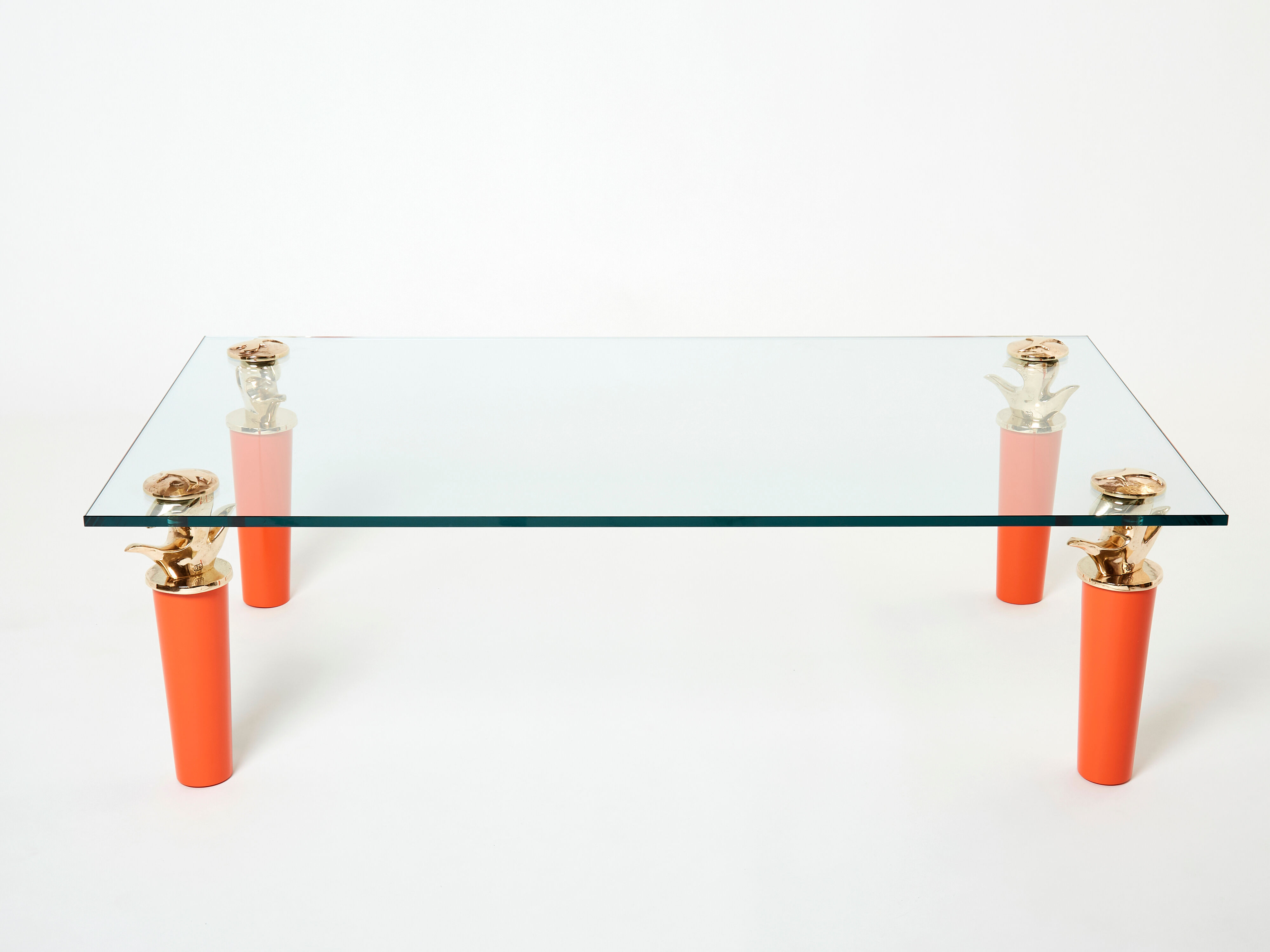Rare coffee table lacquer orange bronze glass signed Garouste & Bonetti 1995