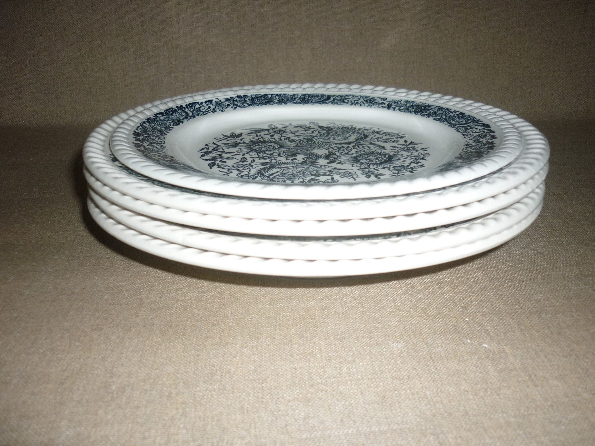 5 antique white and blue ceramic plates