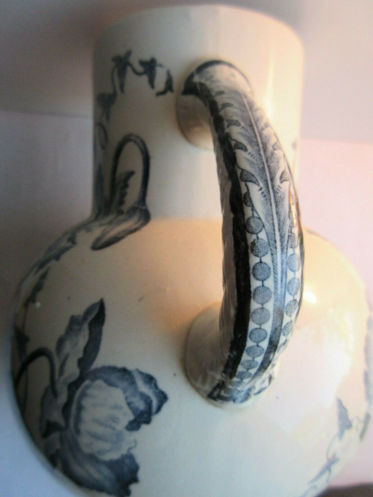 Art Nouveau toilet broc, blue-grey Iris décor, signed Longchamp