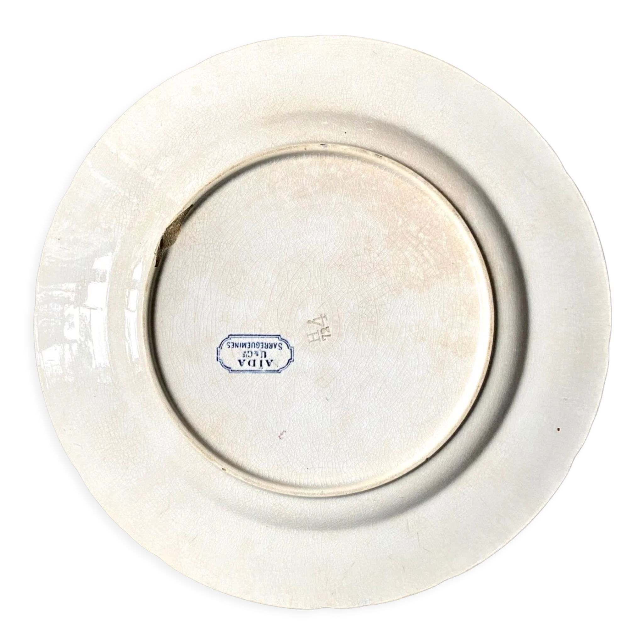 Sarreguemines round dish in white and blue iron earth, “Aïda” service