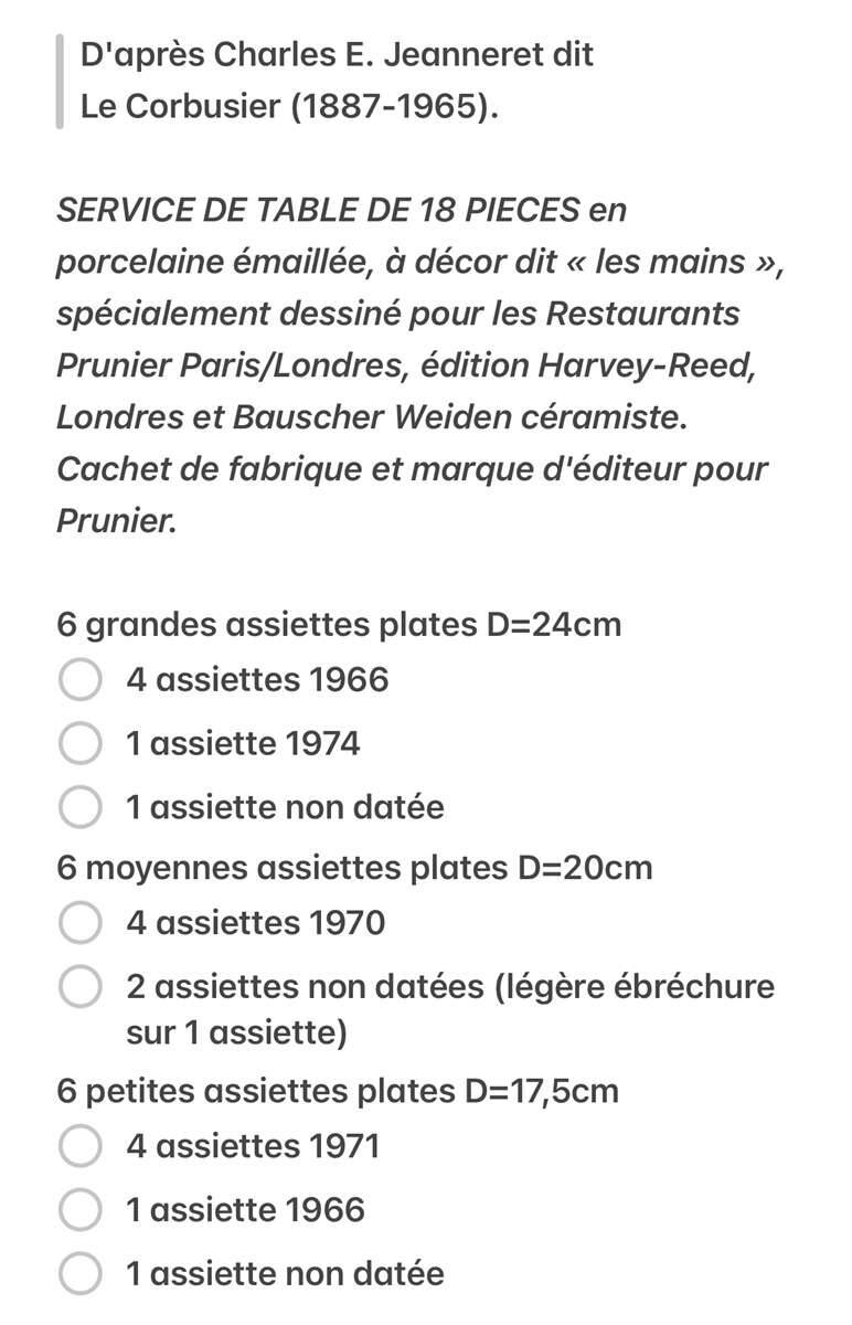 18-piece dinner service by Le Corbusier designed for Prunier restaurants