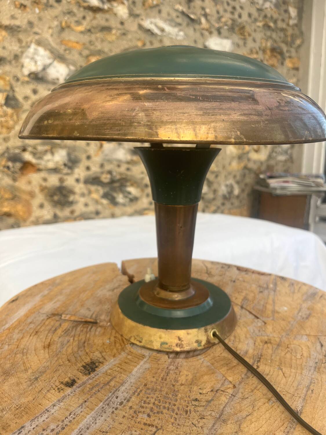 Vintage brass & green metal lamp - mushroom / Art Deco