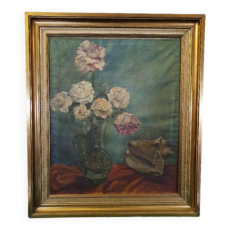 20th century Colorful Flower Bouquet Oil on Canvas Still LIfe