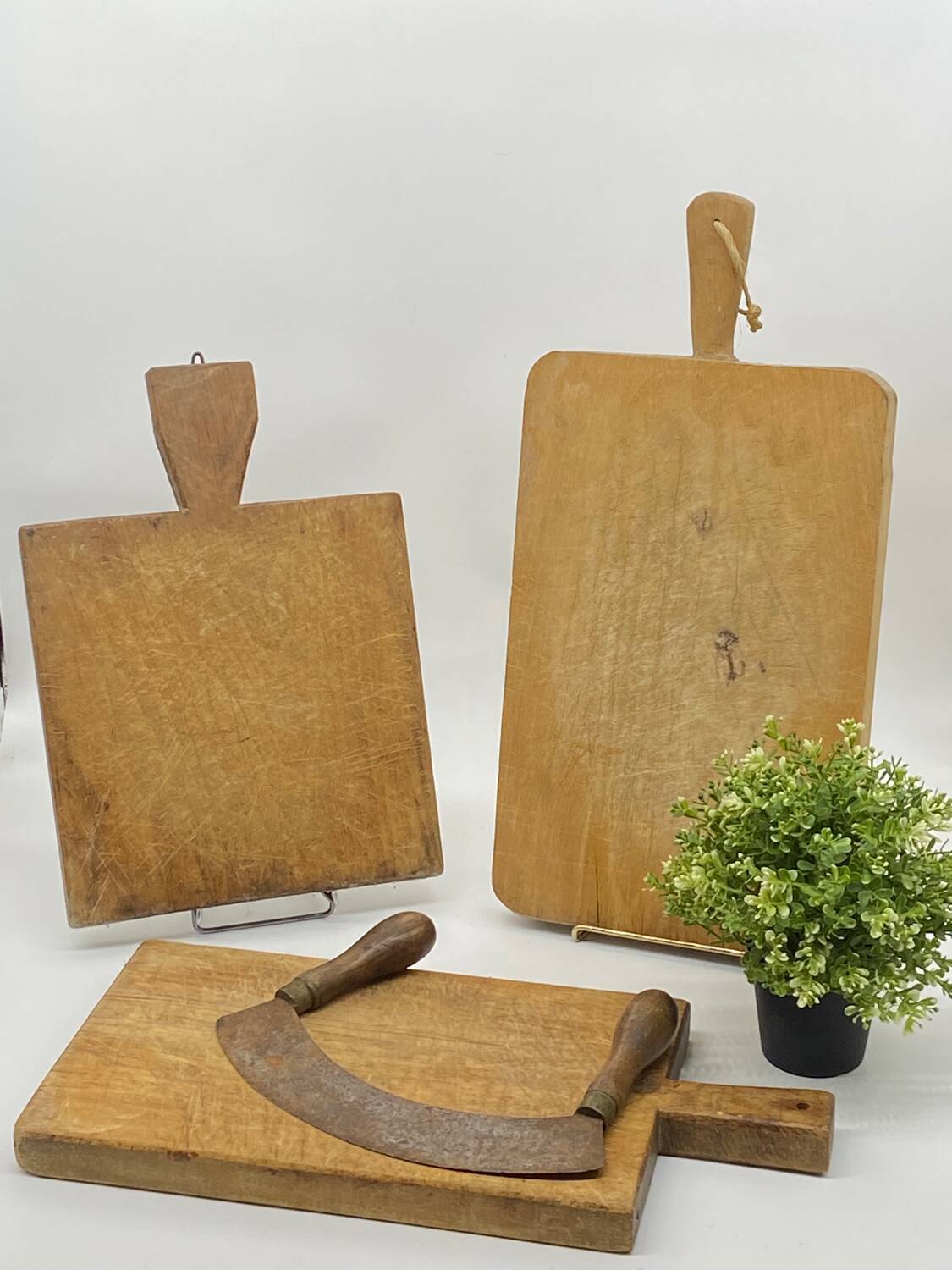 Trio of old cutting boards, butcher block,