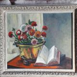 Antique oil painting depicting a still life