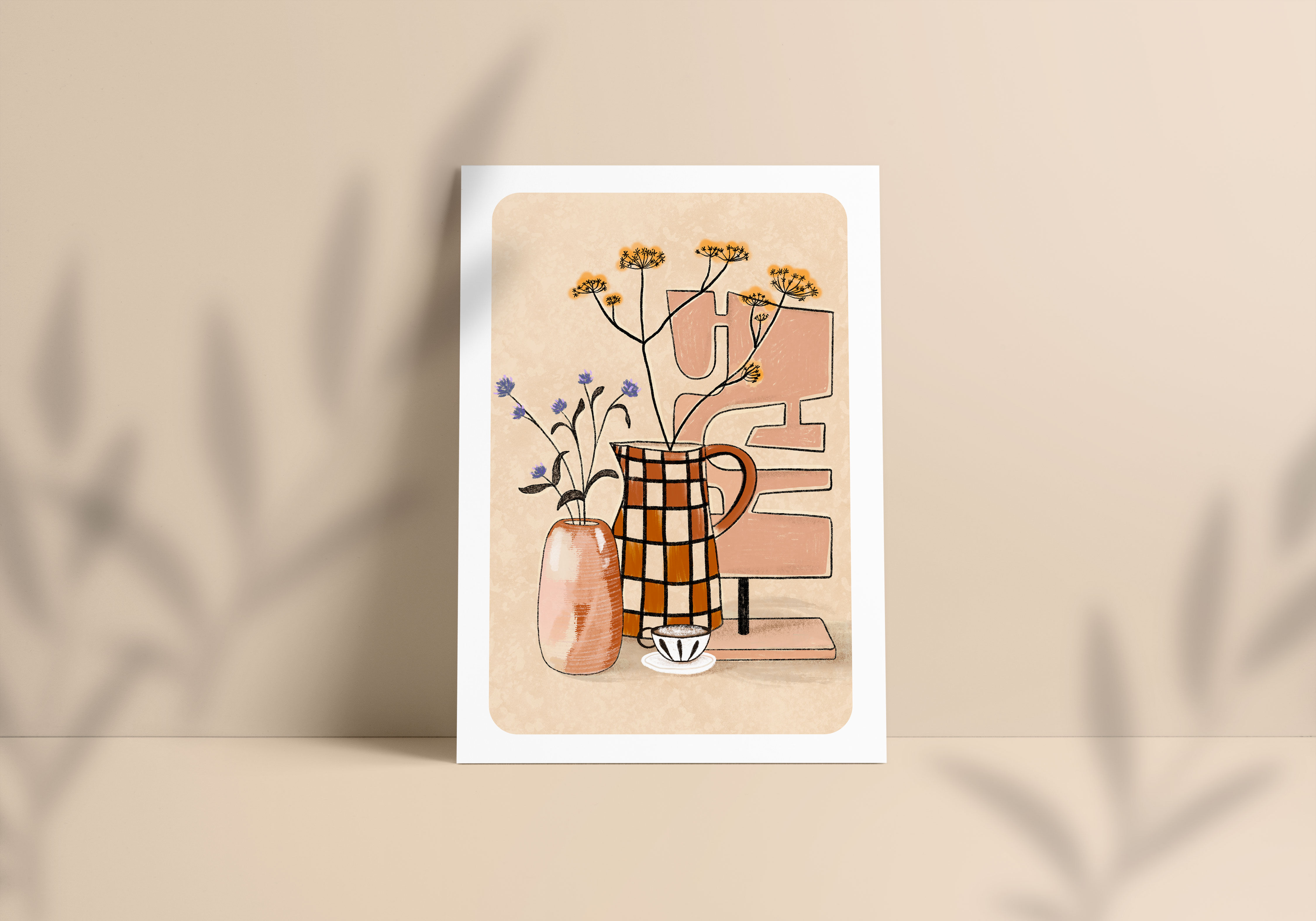 Illustration A4 "Coffee, vase and dried flowers"