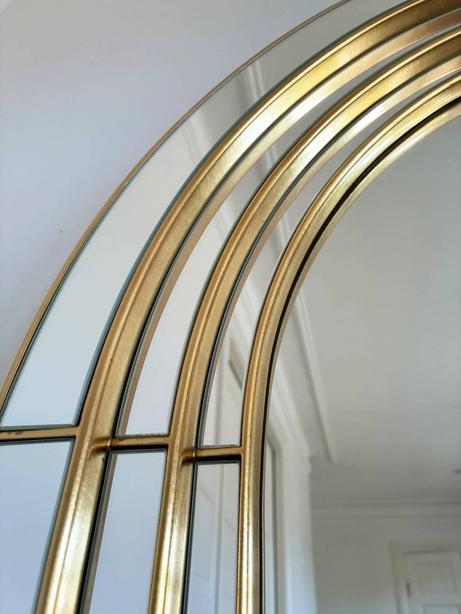 Large vintage Deknudt arched beveled panel mirror – gold, Belgium, 1980s