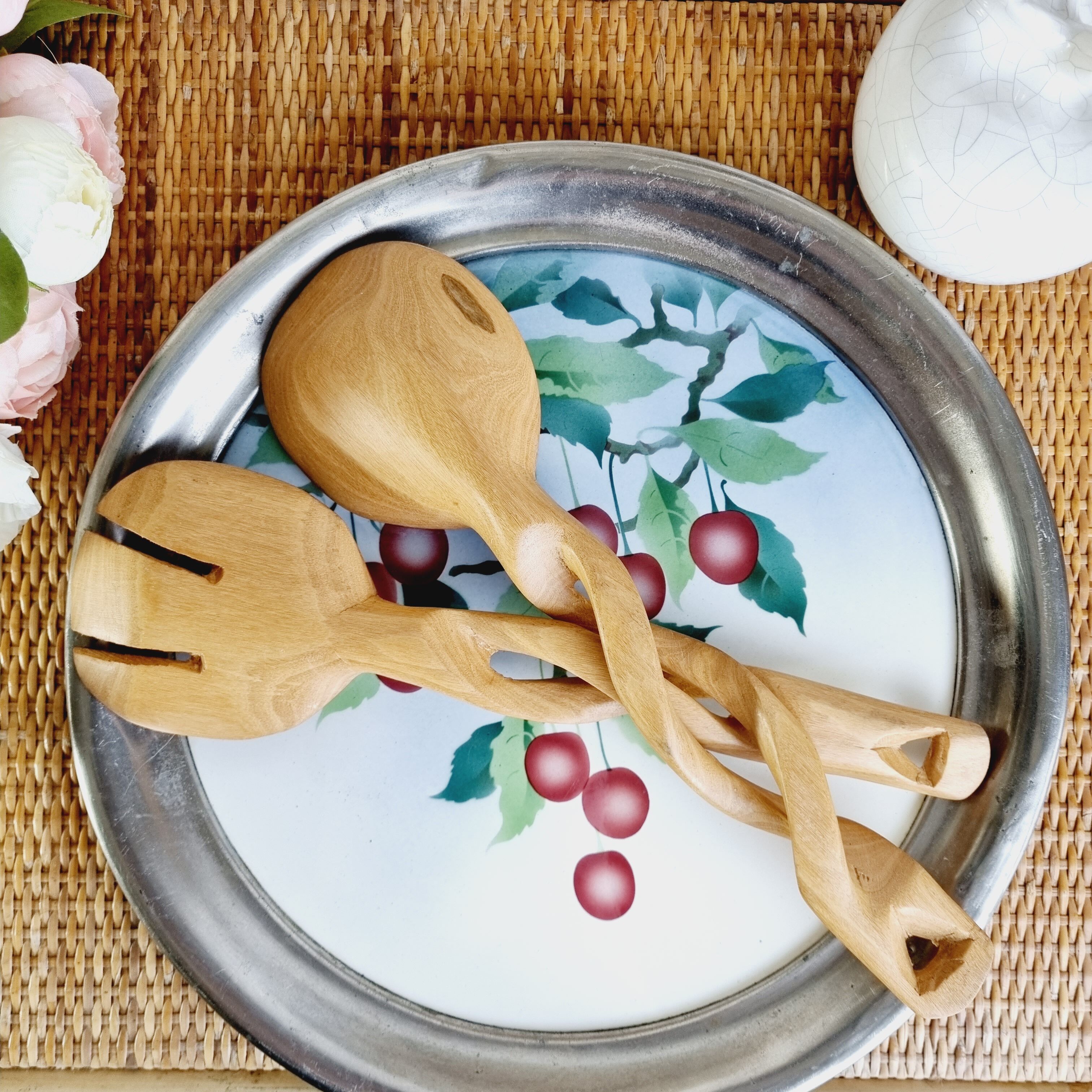 Set of hand-carved olive wood salad cutlery