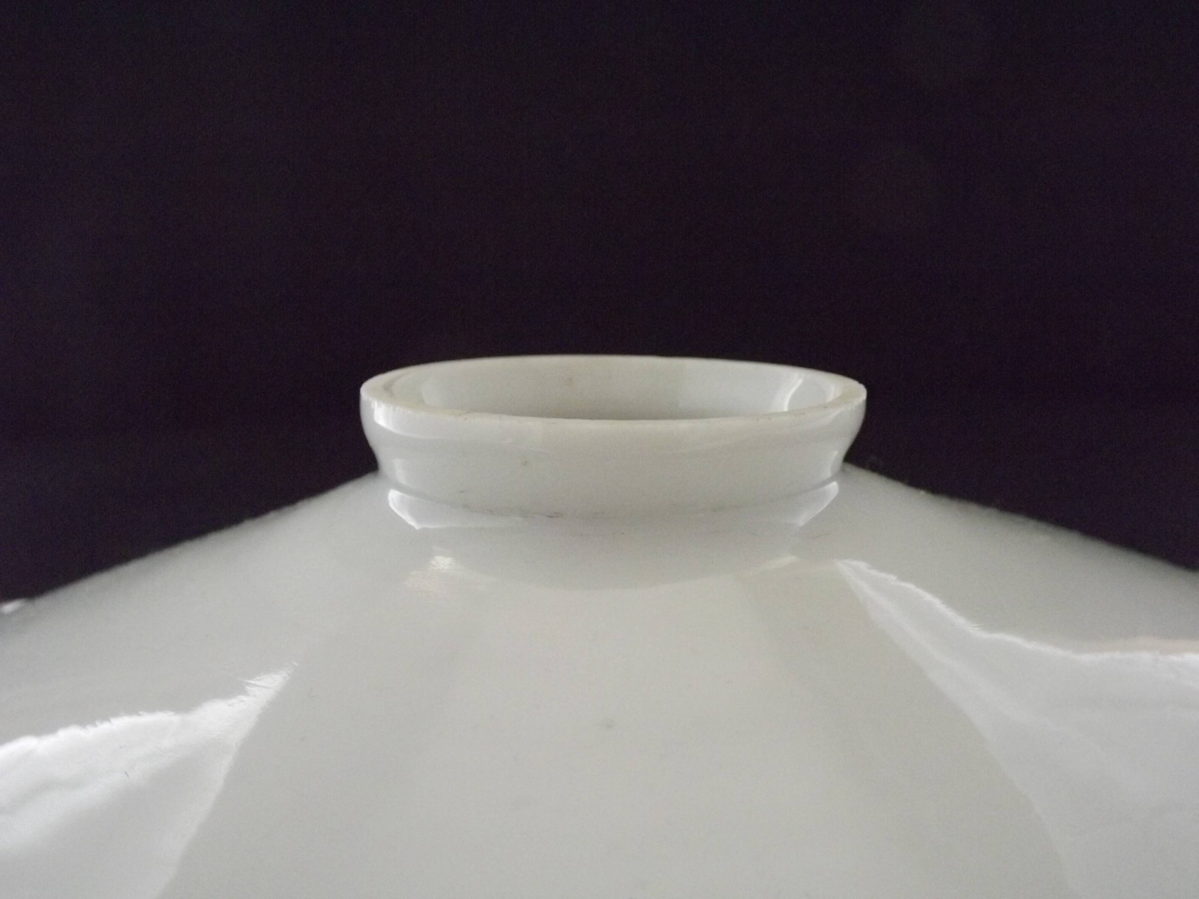 French frilled glass pendant shade, white opaline glass with a clear scalloped edge.