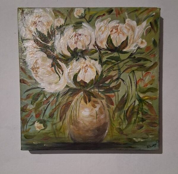 Tableau bouquet fleurs pivoines original signé avec son certificat