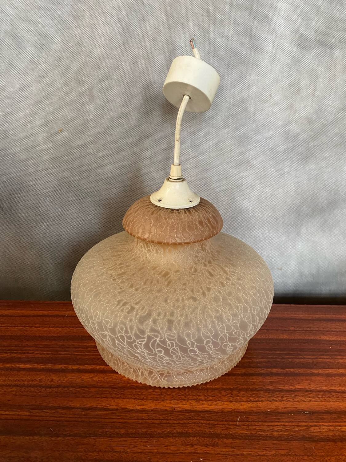Antique Beige Frosted Glass Pendant Light 70s Art Deco Vintage