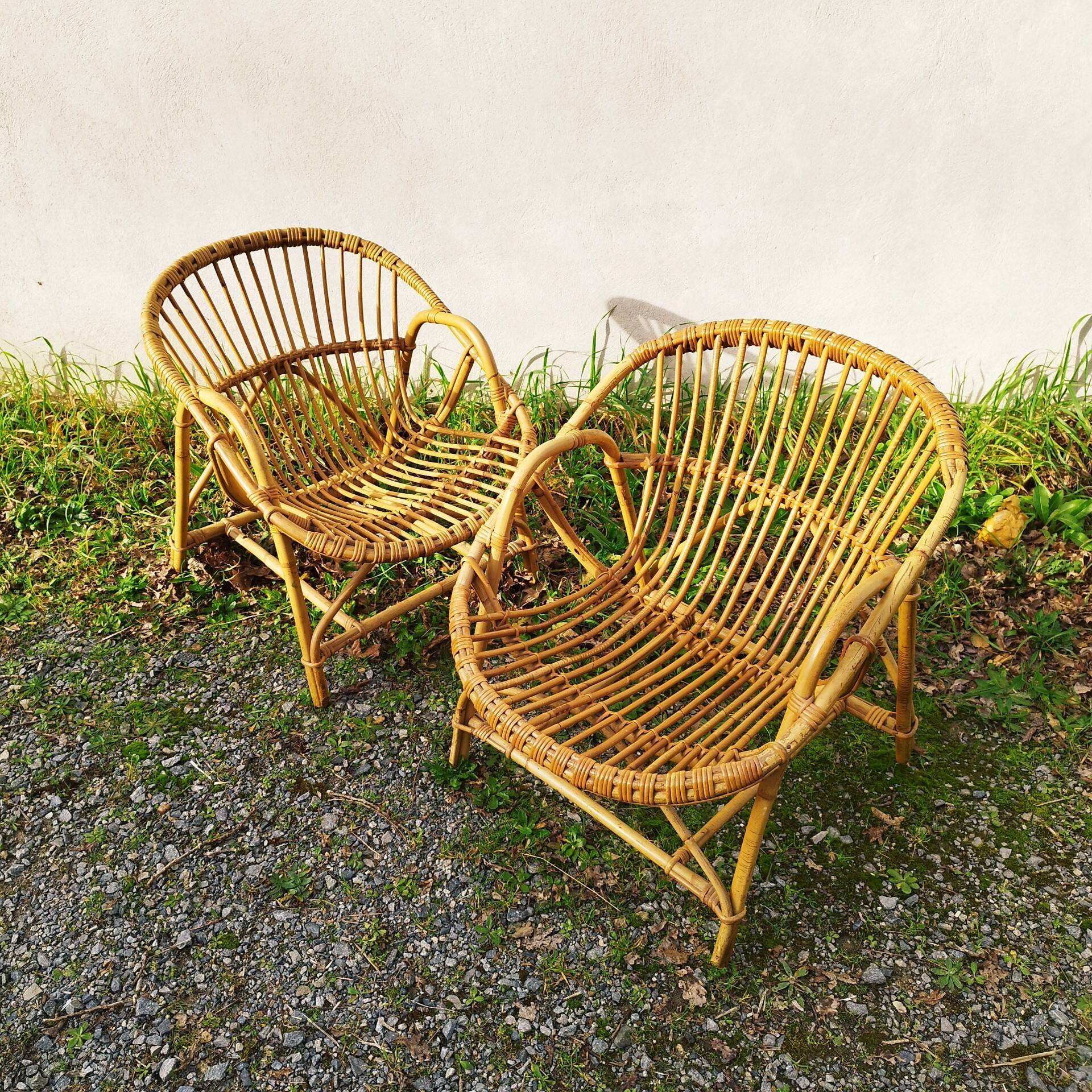 Pair of vintage rattan shell armchairs design 1960