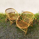Pair of vintage rattan shell armchairs design 1960