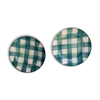 Duo of Plates faience old checkerboard decoration GREEN STYLE Digoin Moulin des loups FN