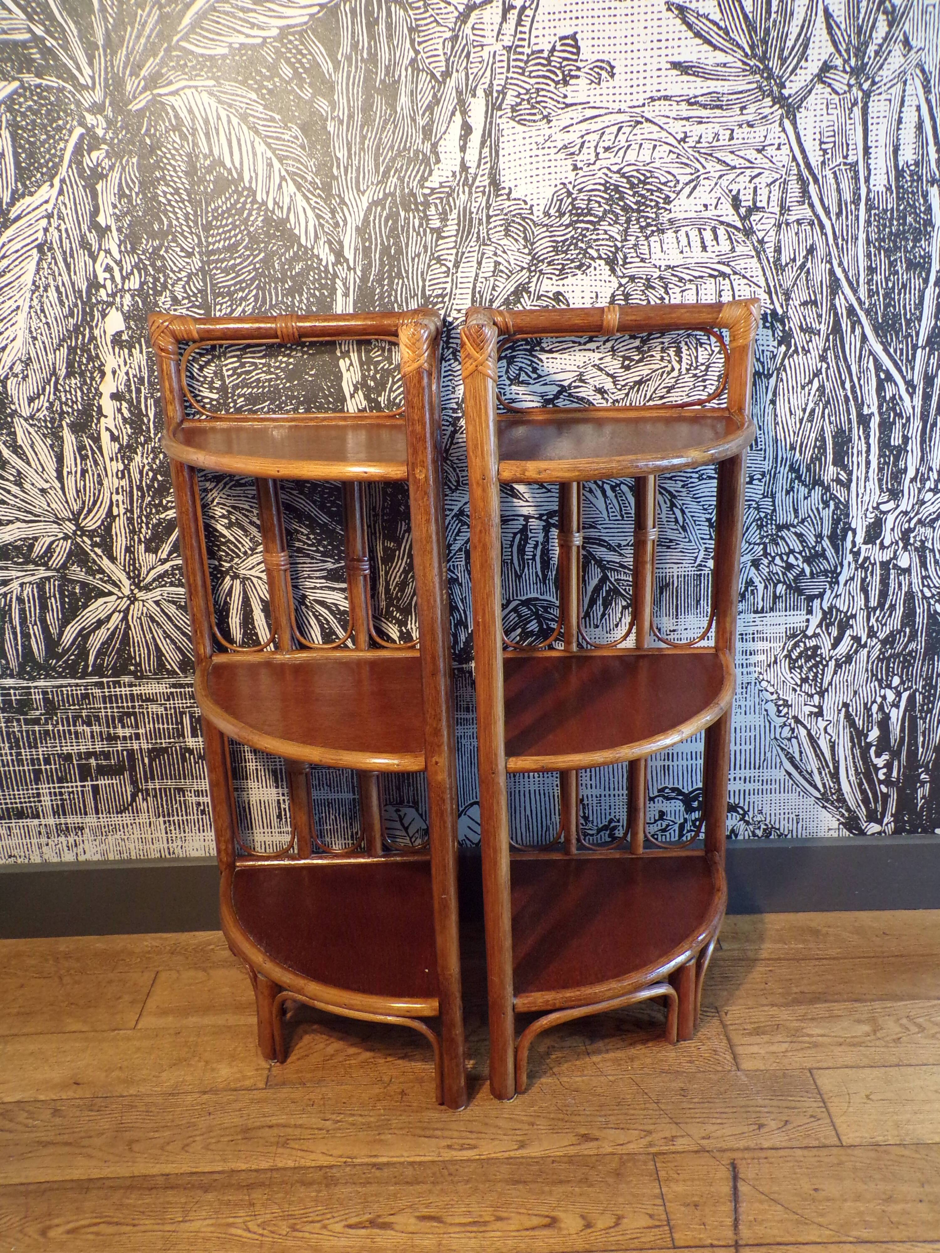 Pair of rattan corner shelves
