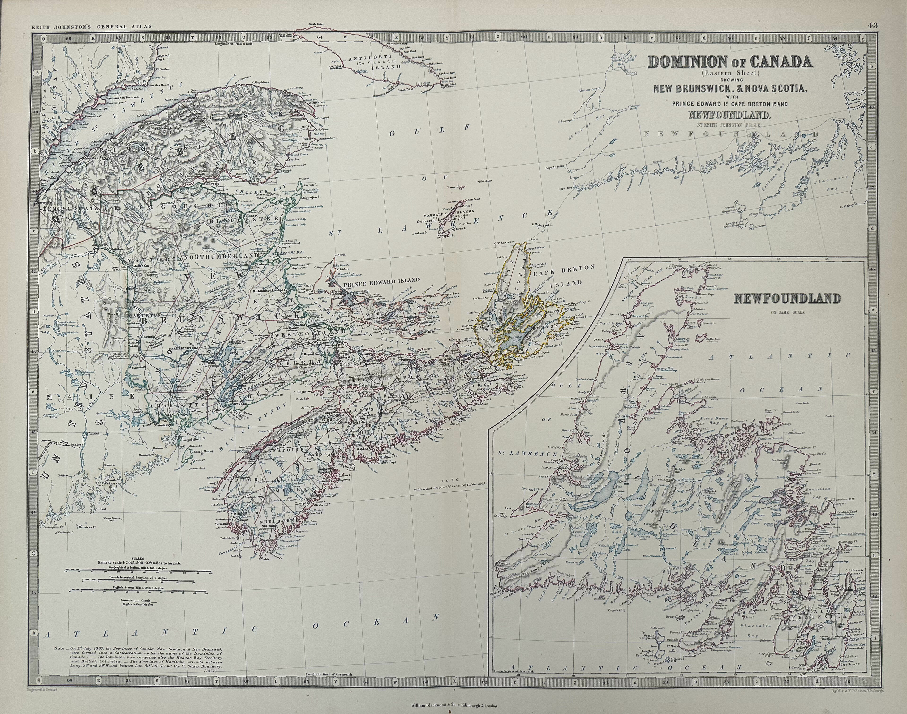 Antique Map of Canada (Eastern Sheet) circa 1869 Keith Johnston Royal Atlas Hand coloured map