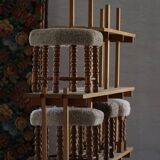 A hexagonal oak stool, seat refurbished in lambswool, Danish design from the 1950s.