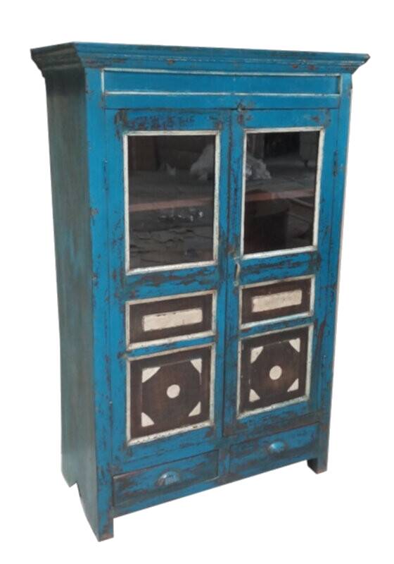 Blue sideboard cabinet with glass in old teak wood and 2 drawers