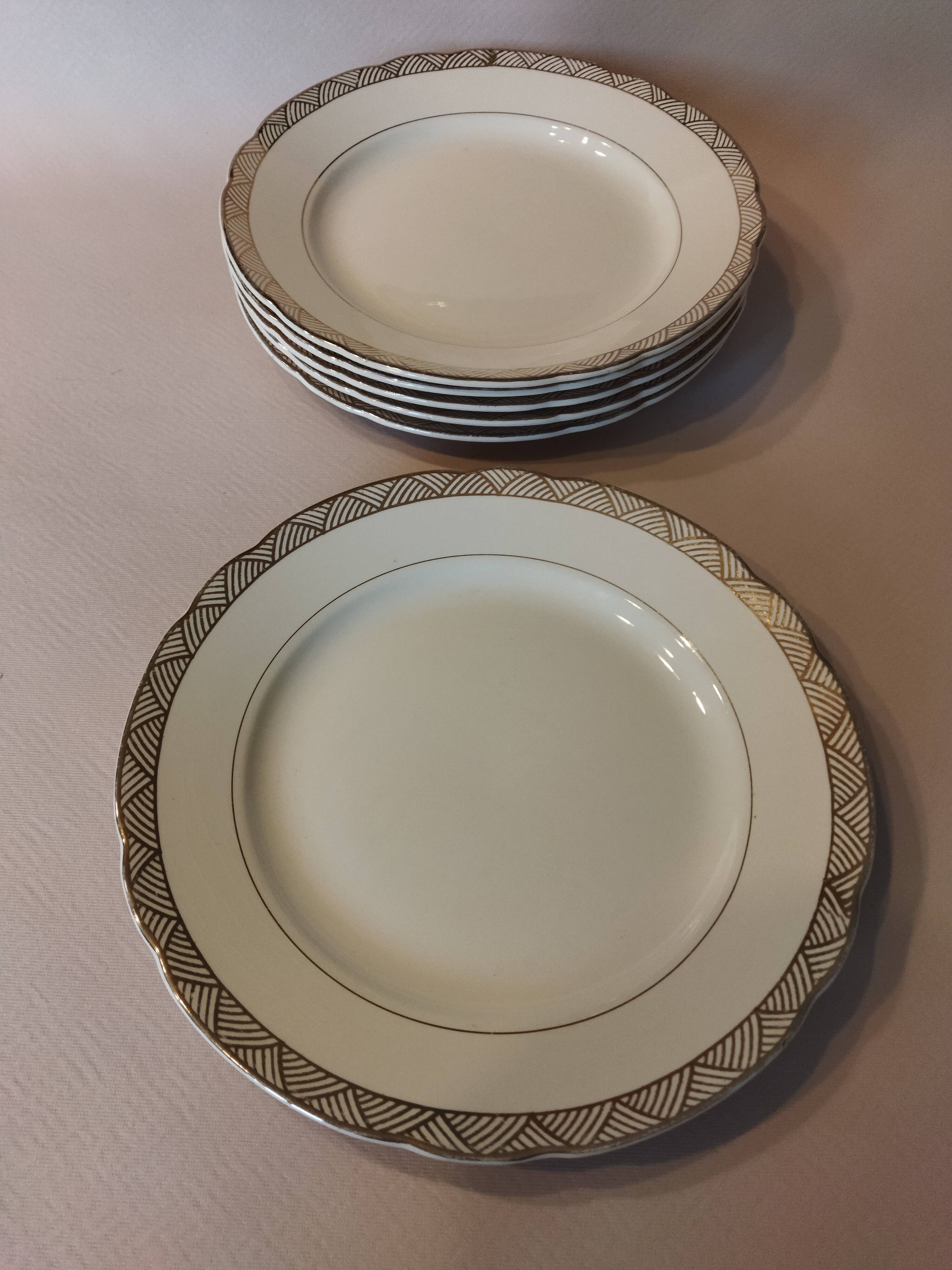 6 assiettes plates Villeroy & Boch Mettlach ivoire et or vintage 1950s