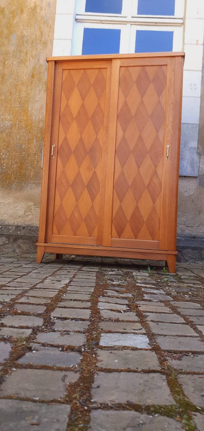 Vintage 1950s oak wardrobe with compass legs