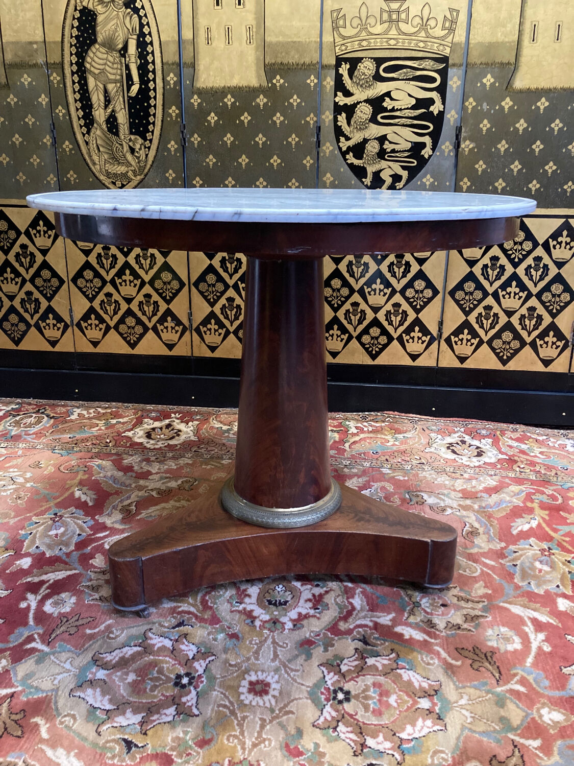 Mahogany pedestal table with marble top veneer