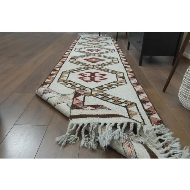 1970s Vintage Turkish Hand-Knotted Wool Cotton Beige Runner Rug 86x375