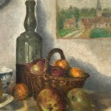 J poisat oil on canvas still life with fruits composition stucco frame