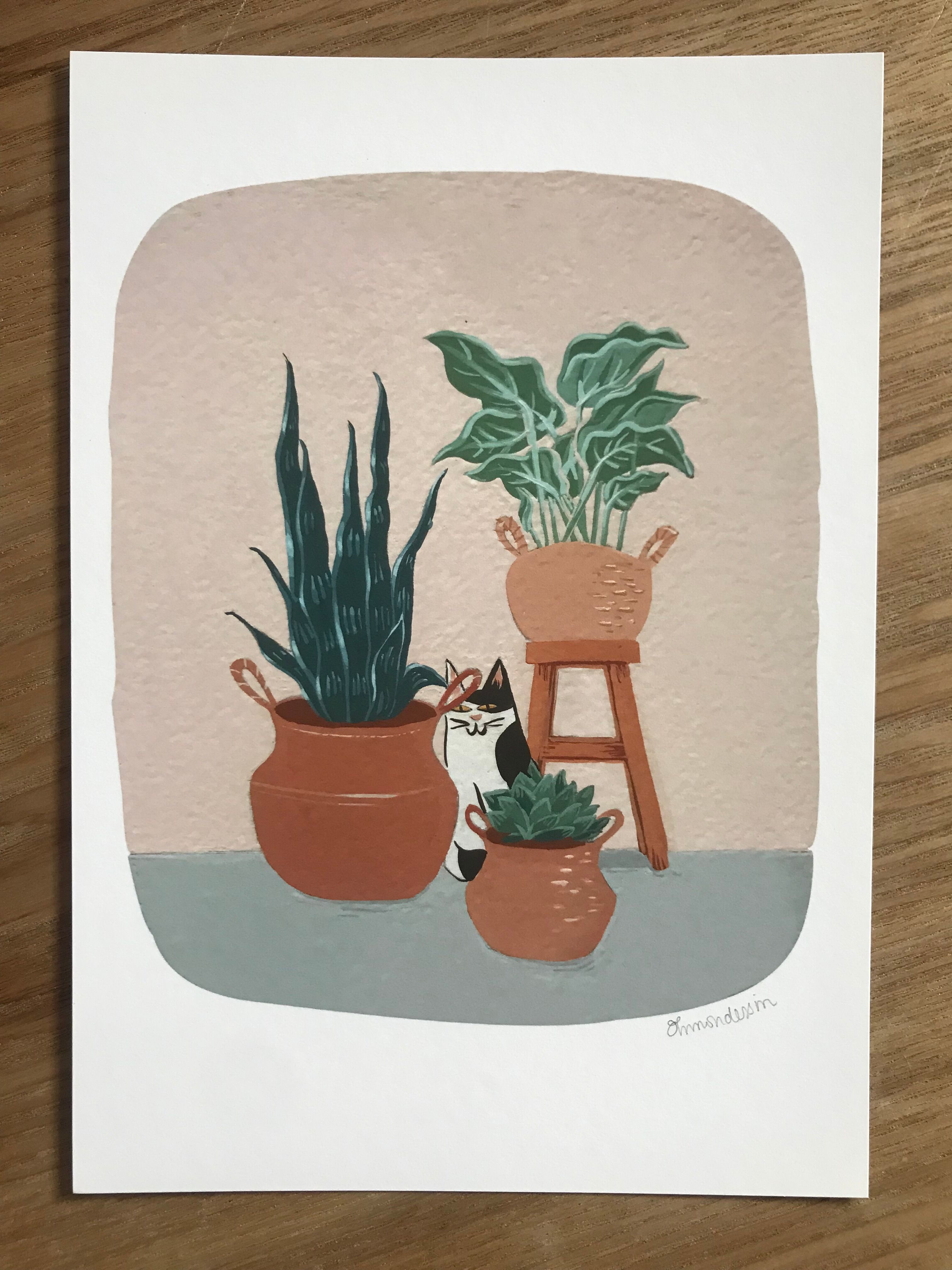 Reproduction of the gouache illustration "The cat and its plants"
