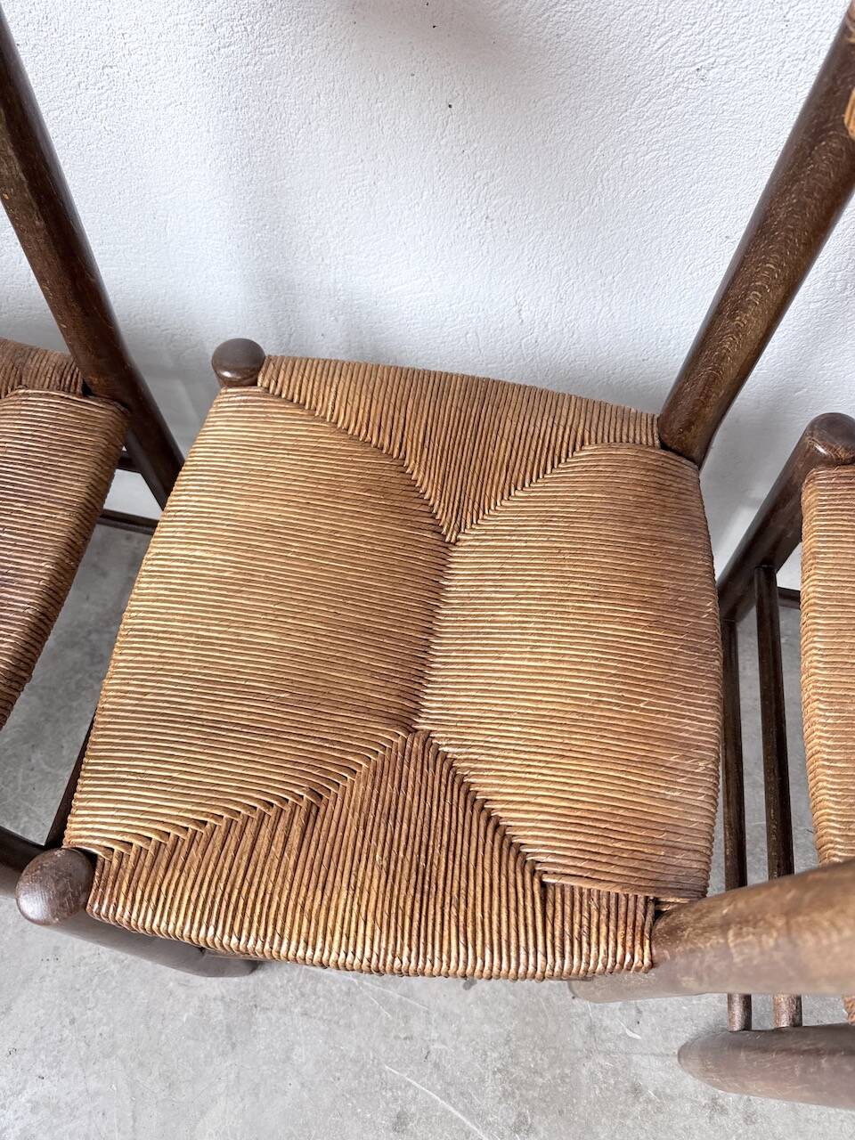 Set of 6 straw and oak Beauche chairs.