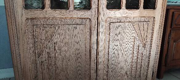 Parisian glass-fronted cabinet, Art Deco vintage bookshelf, solid oak furniture.
