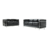 Canapés LC-2 en cuir noir par Le Corbusier, Jeanneret & Perriand pour Cassina