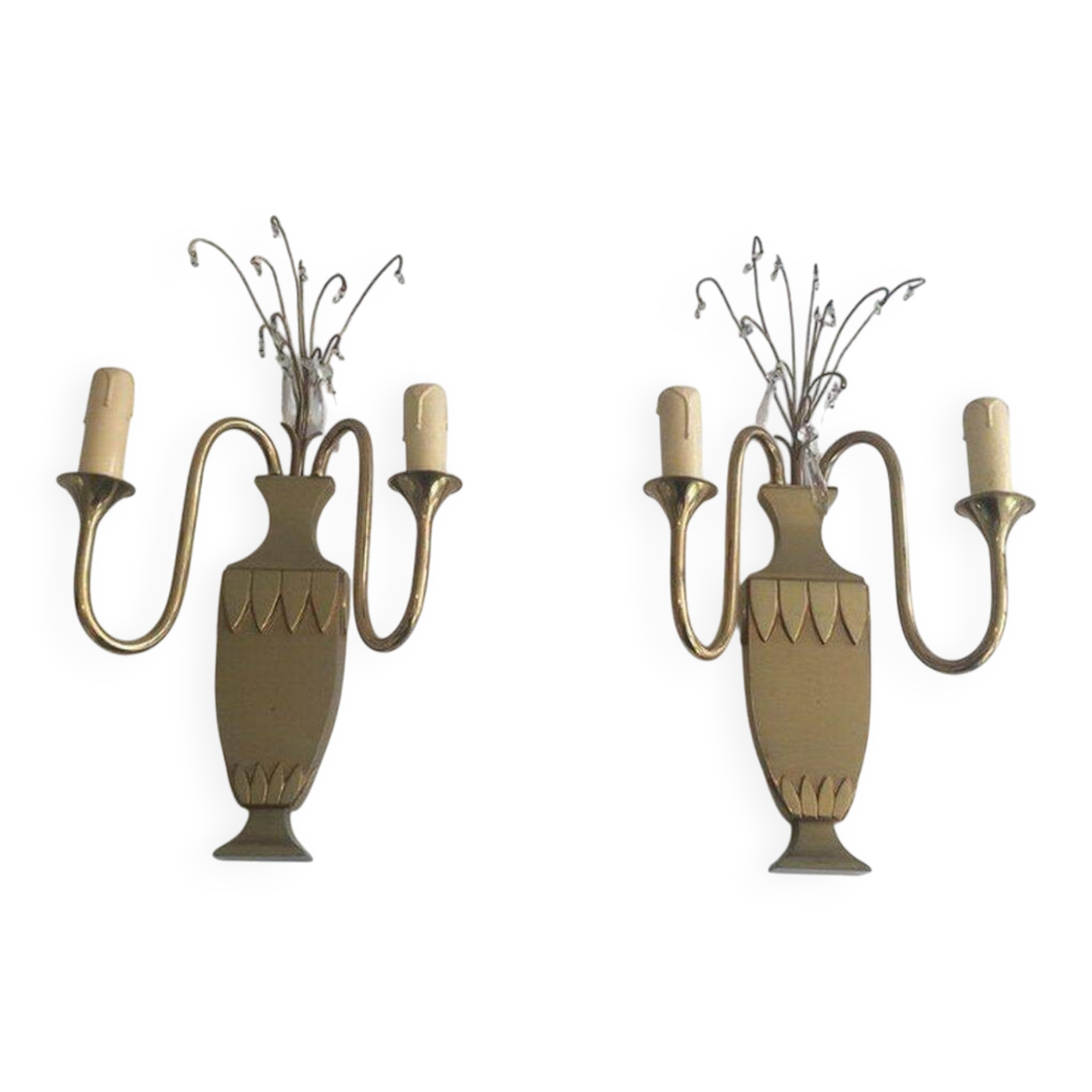 Pair of brass and crystal wall sconces