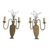 Pair of brass and crystal wall sconces