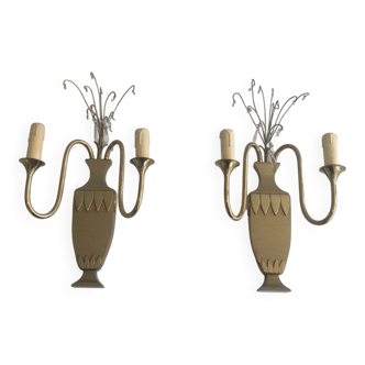 Pair of brass and crystal wall sconces