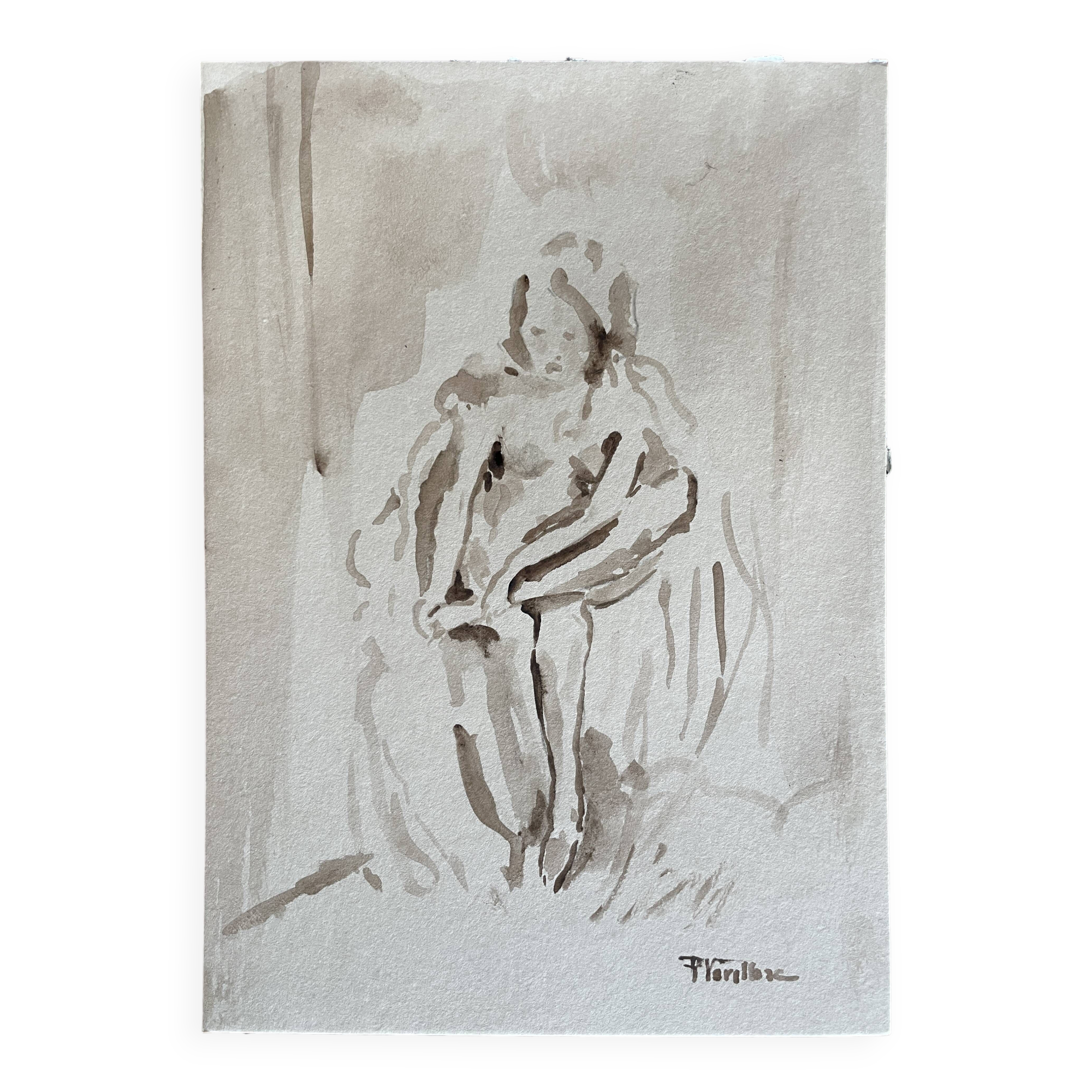 Tableau signé aquarelle portrait féminin « esquisse sortie du bain »
