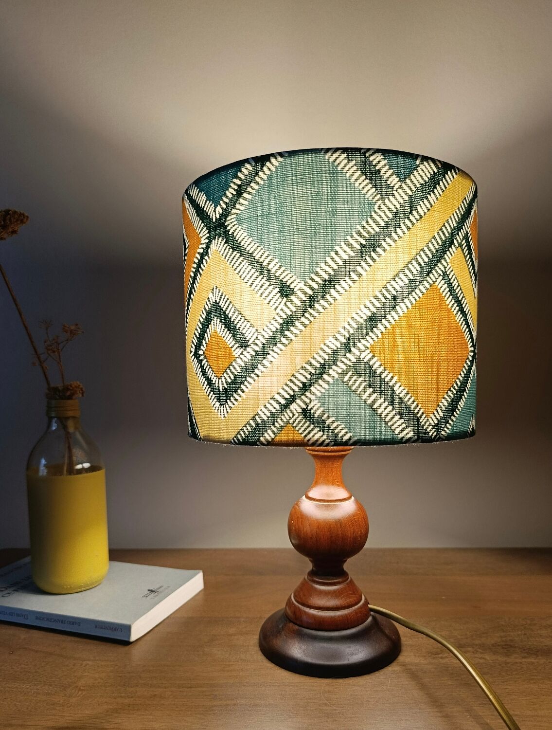 rustic chic turned wooden floor lamp, graphic linen lampshade