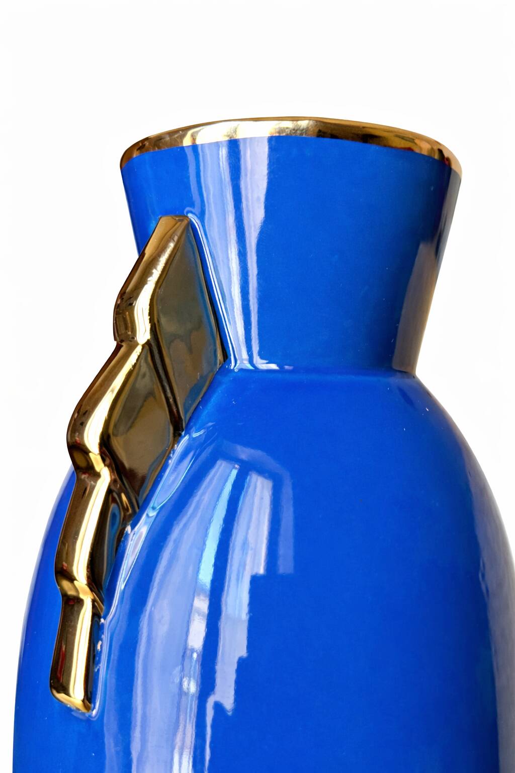 Belgian Art Deco blue vase with metallic lustre, stepped handles, 1930s