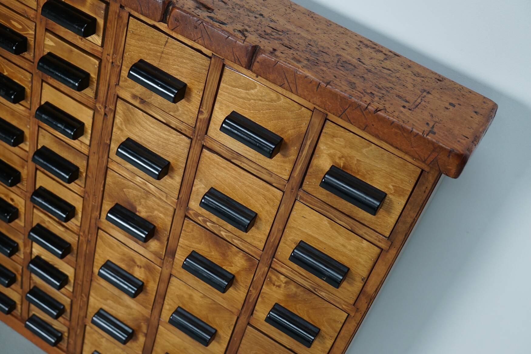 Dutch industrial apothecary cabinet in beech/pine, circa 1950s