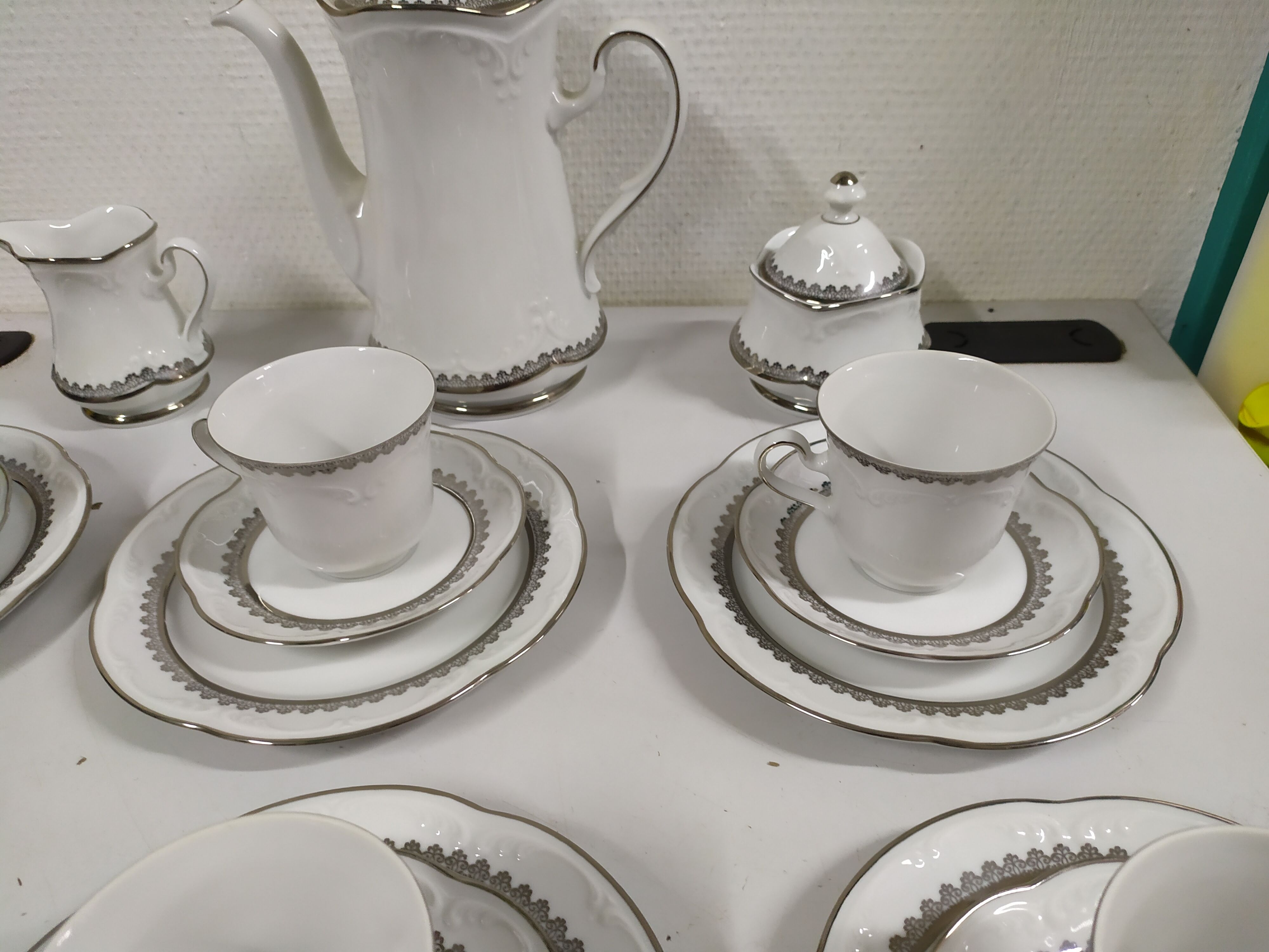 Coffee service for 6 people bavaria white and silver cup plate coffee maker milk pot sugar