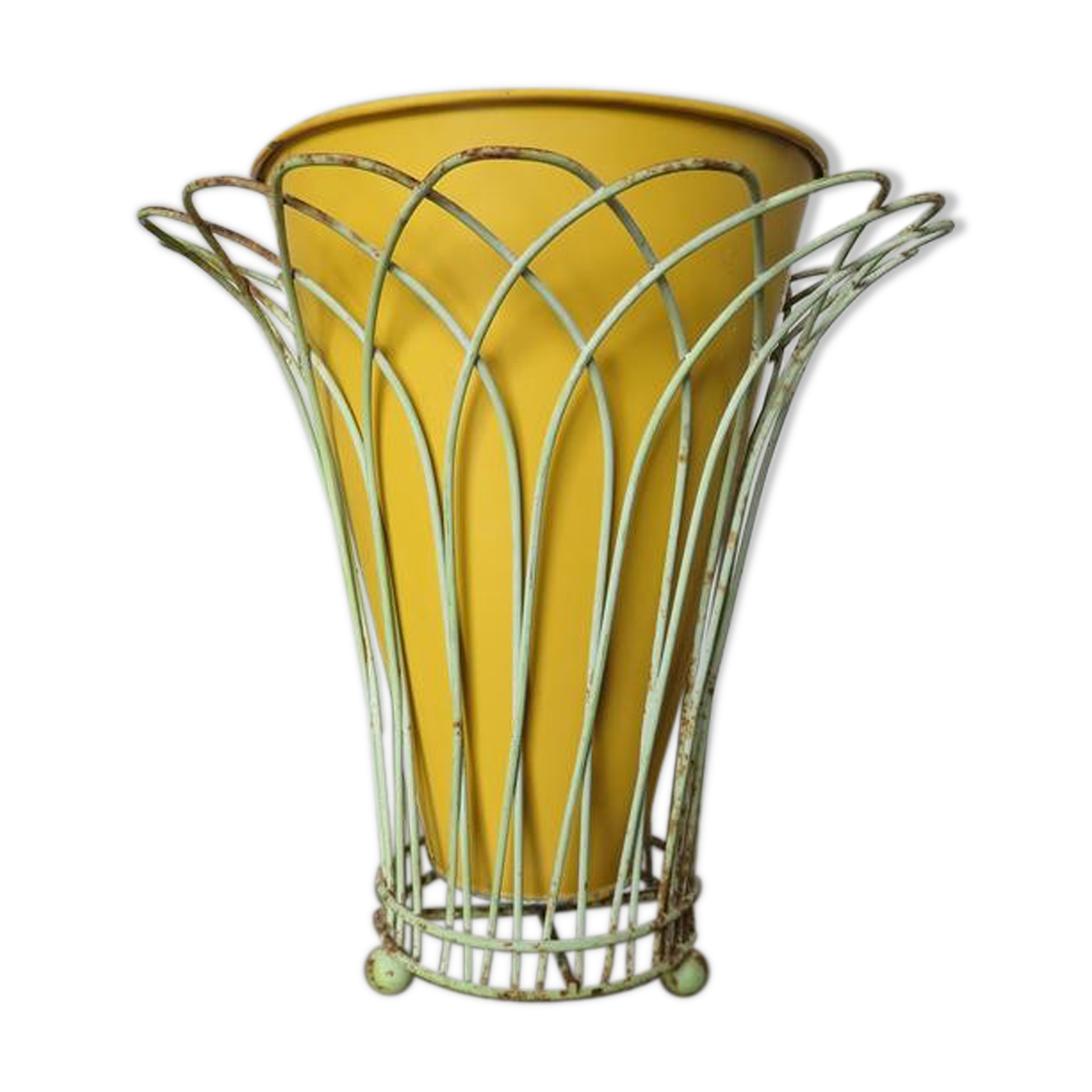 Cache pot tripod in pale green metal and yellow 50 60 years