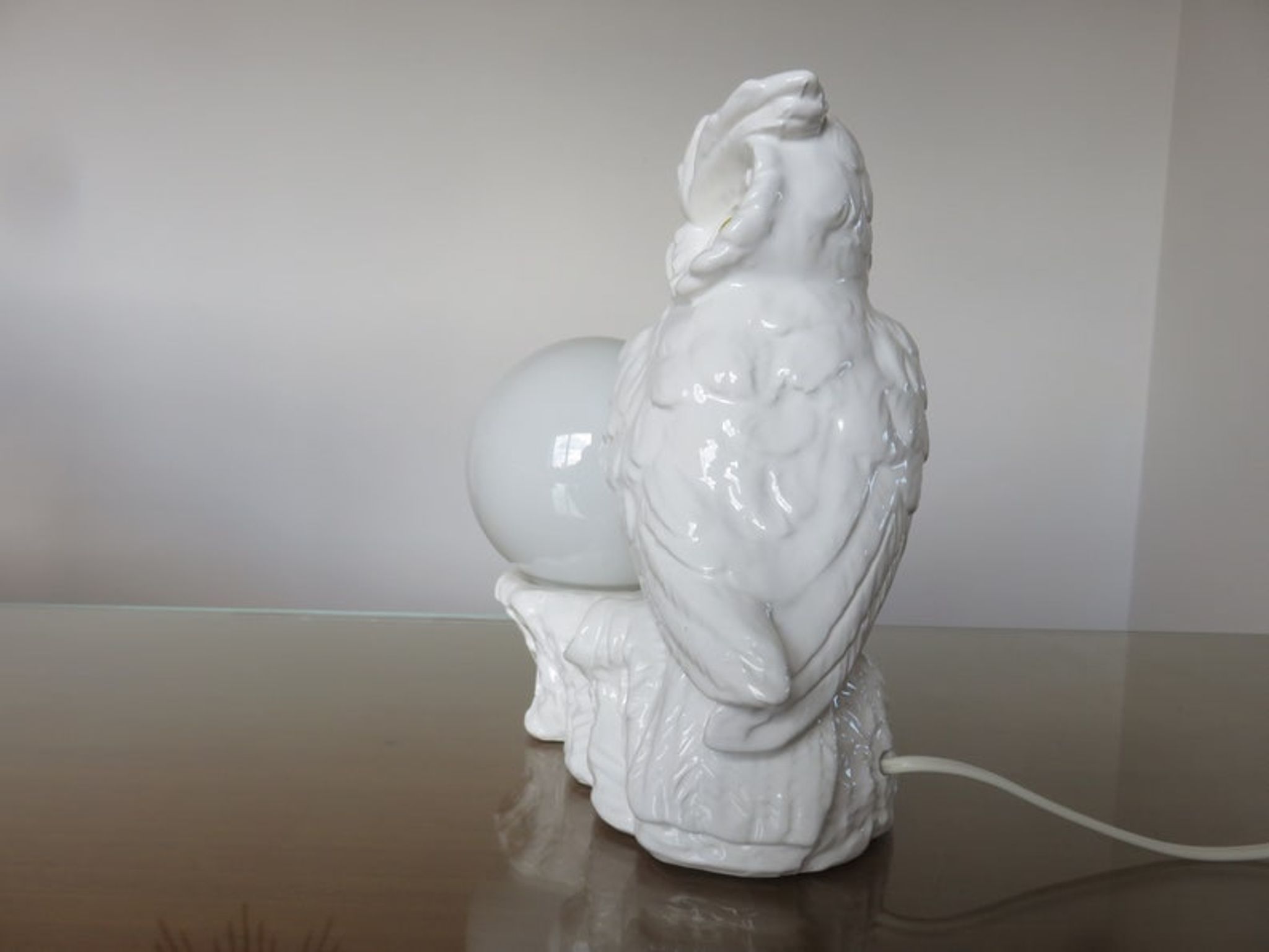Owl lamp, ceramic owl and opaline ball 70s
