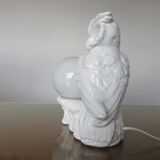 Owl lamp, ceramic owl and opaline ball 70s