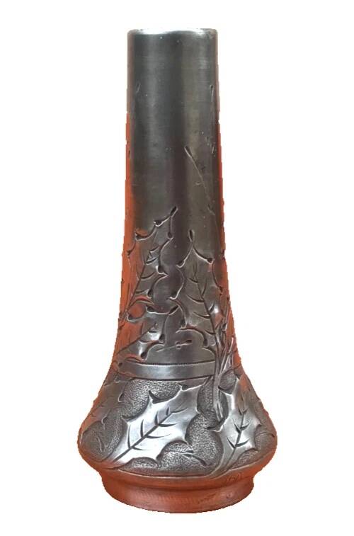 Art Nouveau soliflore vase by P. Chaumette, pewter, oak leaf decoration