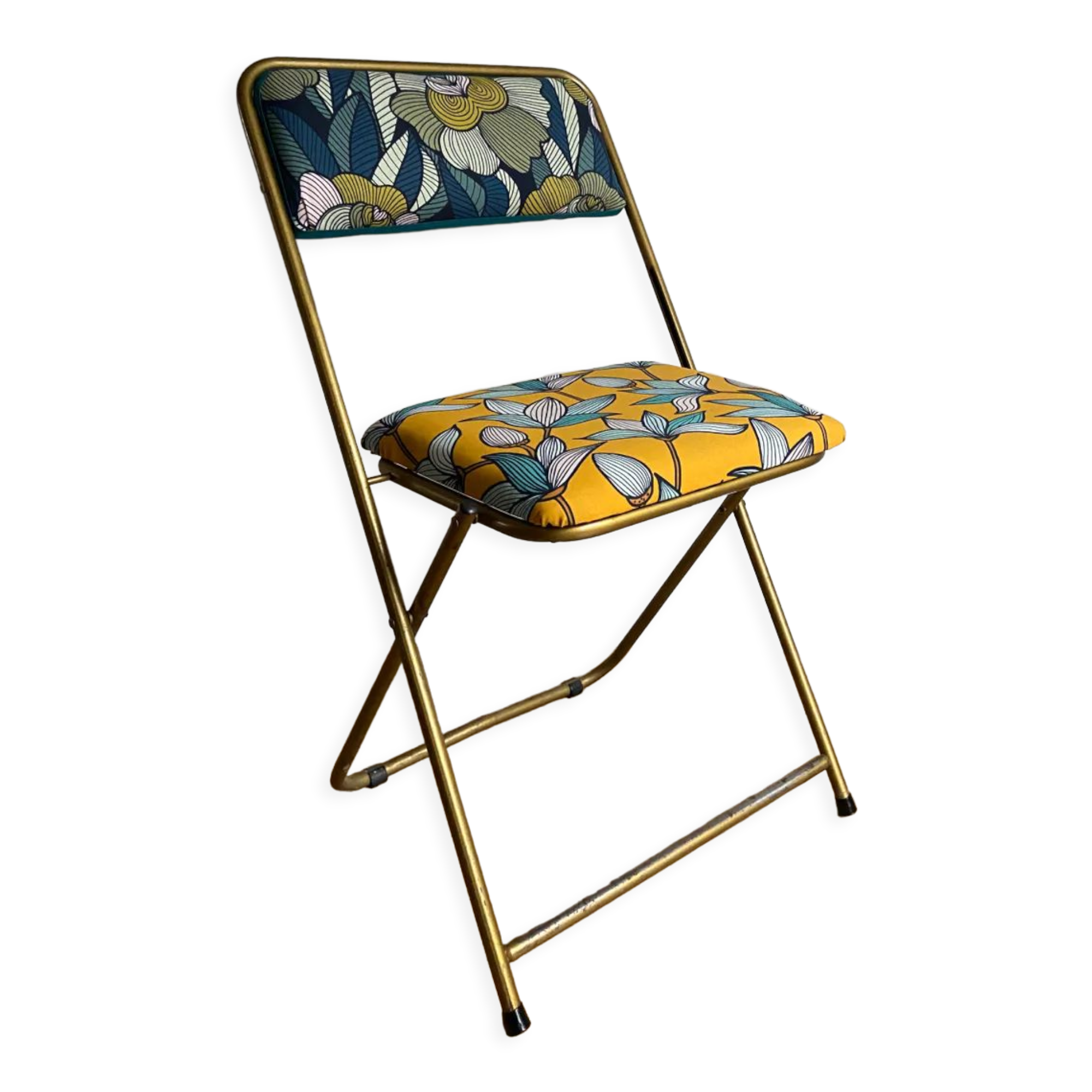 Vintage folding chair lafuma revisited yellow and blue floral fabrics
